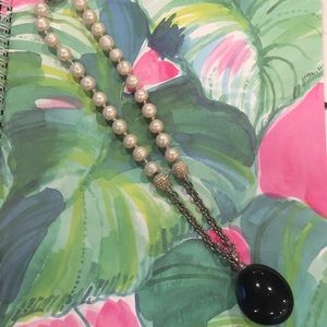 Pearl, crystal, large black stone necklace